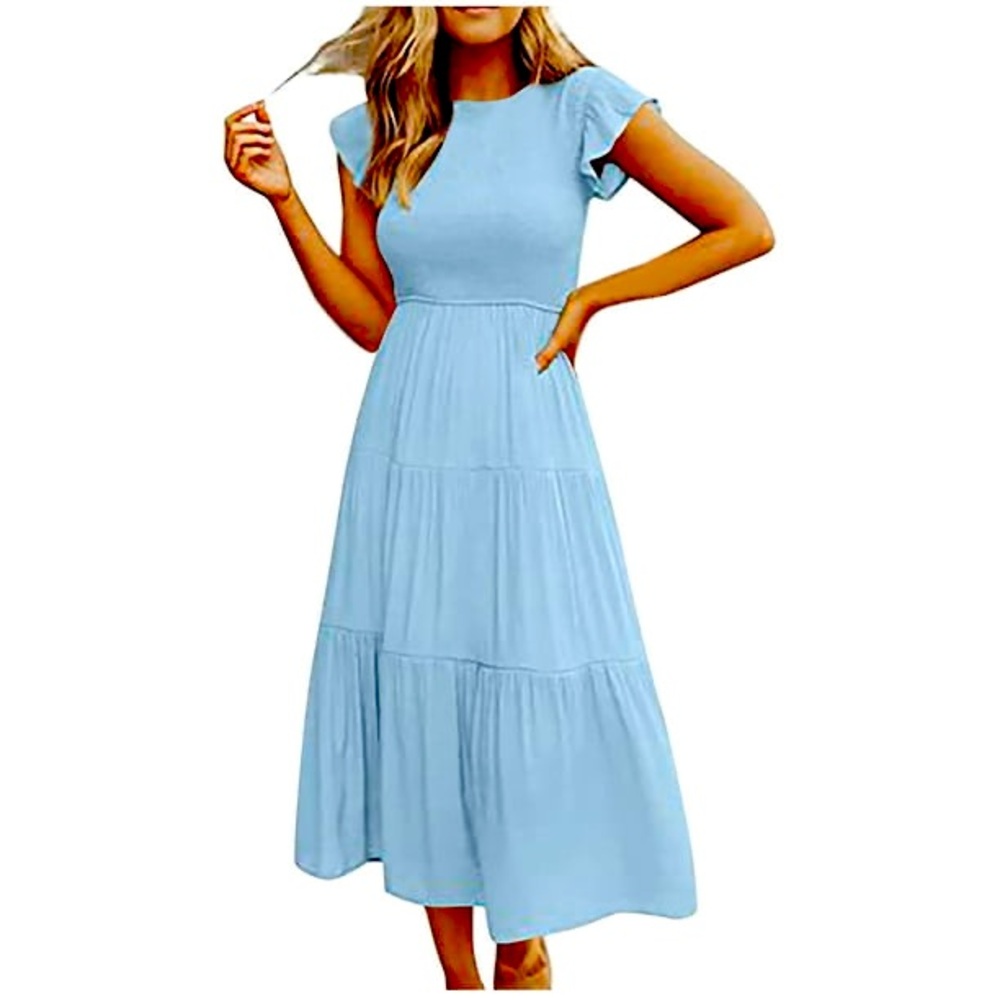 Light Blue Flying Sleeve V Neck Tiered Midi Dress XL